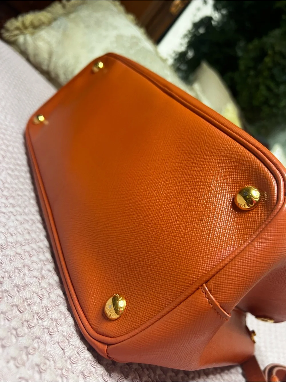 Prada Saffiano Lux Double Zip Orange Leather Tote Shoulder Bag COA
